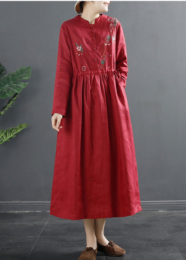 Classy Red Embroidered Linen Cinched Dresses Spring
