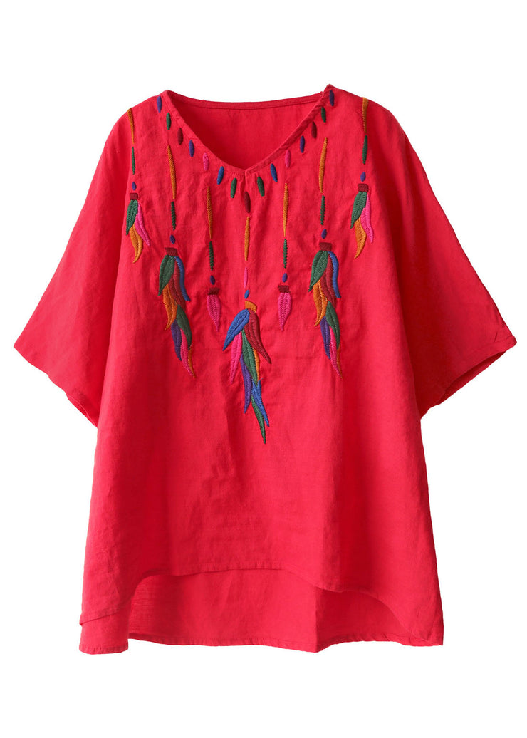 Classy Red Embroidered low high design V Neck Linen Shirt Top Short Sleeve