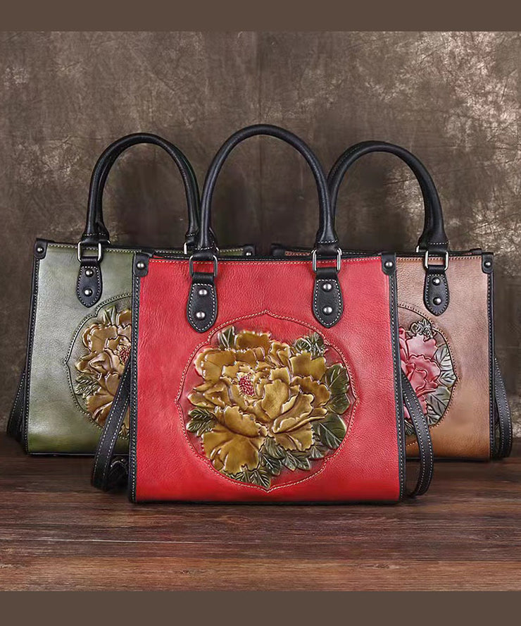 Classy Red Floral Paitings Calf Leather Tote Handbag