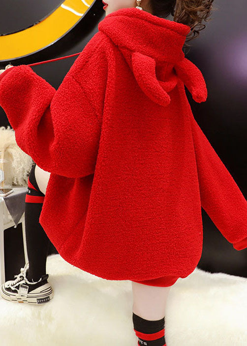 Classy Red Hooded Faux Fur Winter Sweatshirt