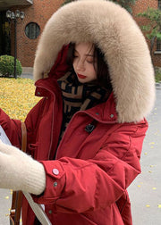 Classy Red Hooded Fur Collar Thick Duck Down Jacket In Winter