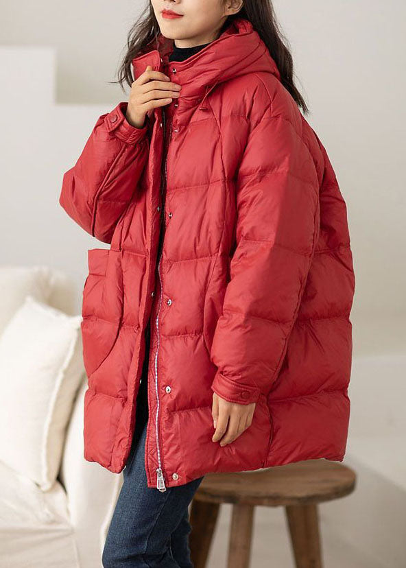 Classy Red Hooded Oversized Drawstring Duck Down Down Coat Winter