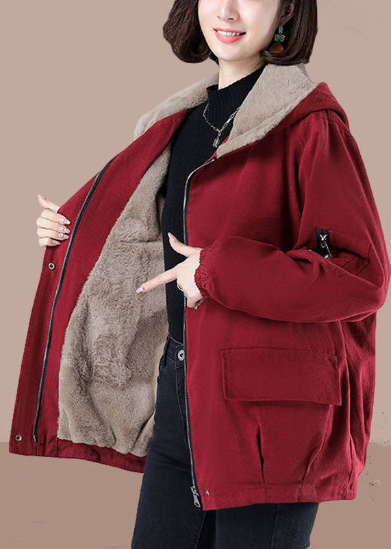 Classy Red Hooded Oversized Zippered Fuzzy Wool Lined Jackets Winter