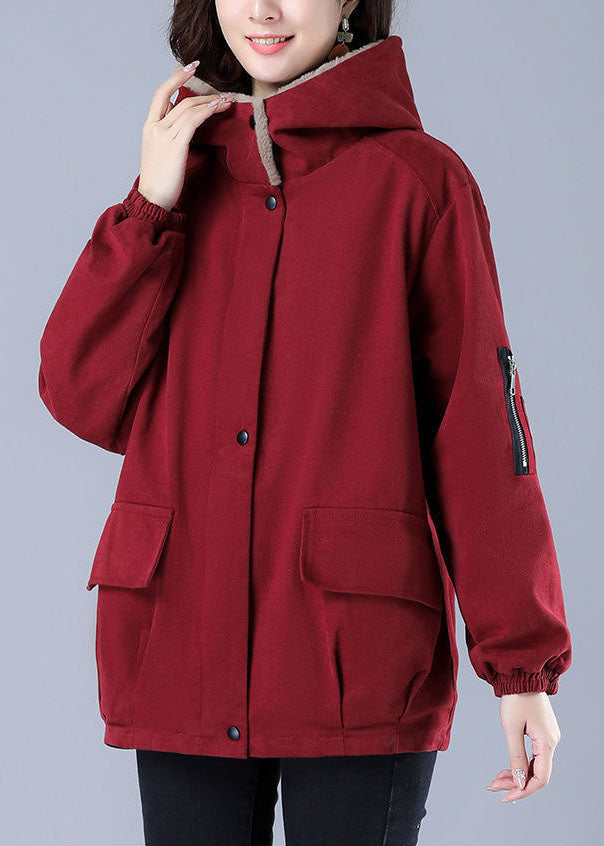 Classy Red Hooded Oversized Zippered Fuzzy Wool Lined Jackets Winter