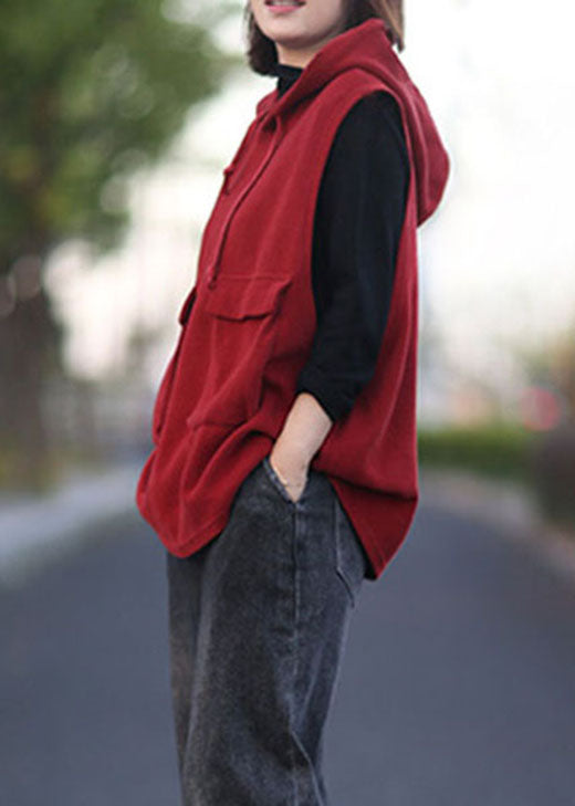 Classy Red Hooded drawstring Pullover Sleeveless waistcoat
