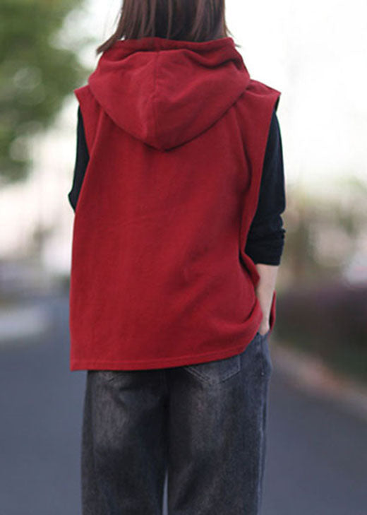 Classy Red Hooded drawstring Pullover Sleeveless waistcoat