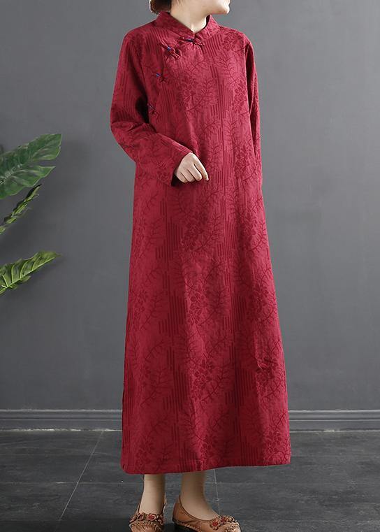 Classy Red Jacquar dresses Women Stand Collar A Line Dress - SooLinen