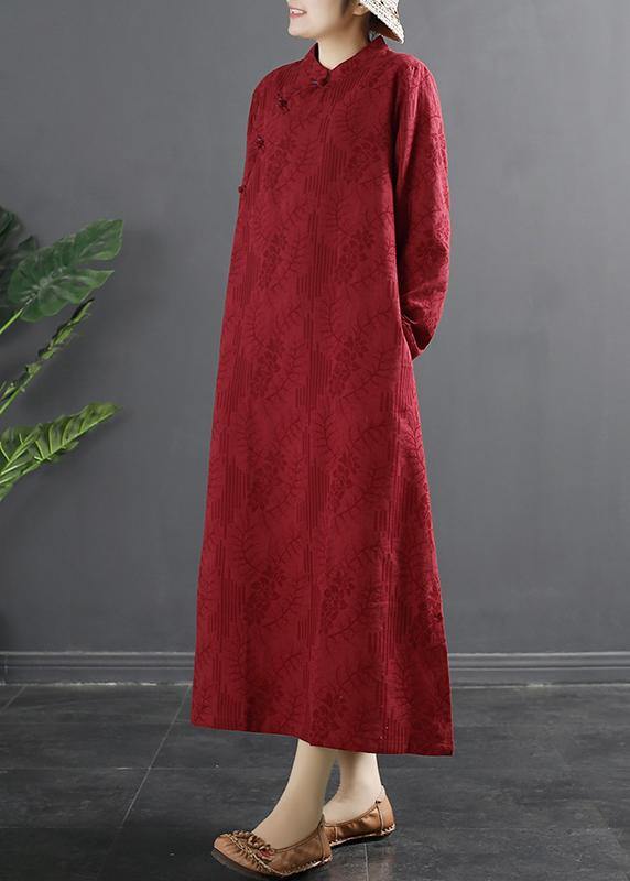 Classy Red Jacquar dresses Women Stand Collar A Line Dress - SooLinen