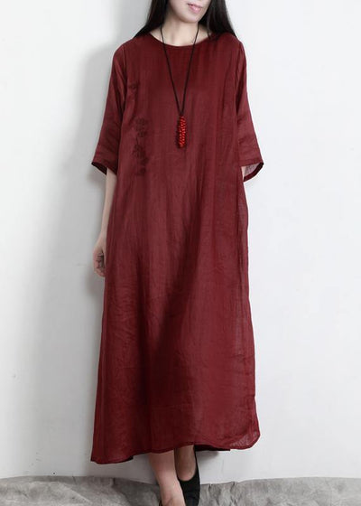 Classy Red O-Neck Linen Half Sleeve Summer Dresses - SooLinen