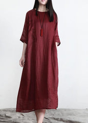 Classy Red O-Neck Linen Half Sleeve Summer Dresses - SooLinen