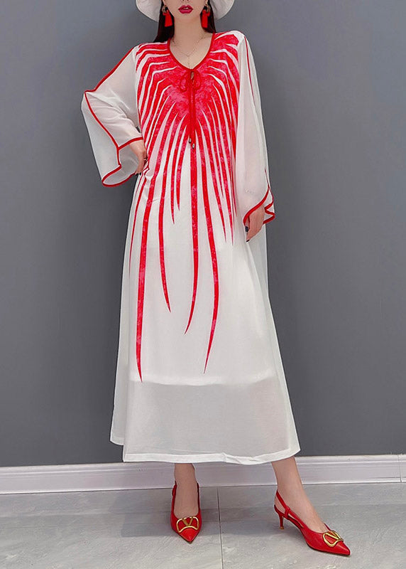 Classy Red O Neck Print Chiffon Long Dress Long Sleeve