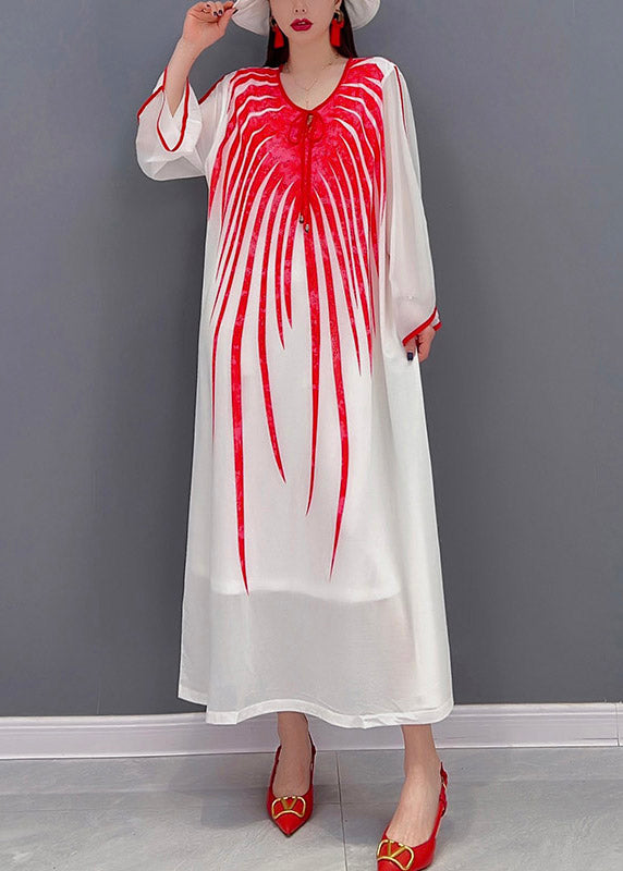 Klassisches langes Chiffon-Kleid mit rotem O-Ausschnitt und langen Ärmeln