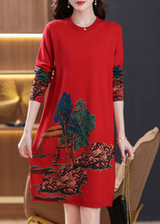 Classy Red O Neck Print Cozy Wool Knit Dress Spring