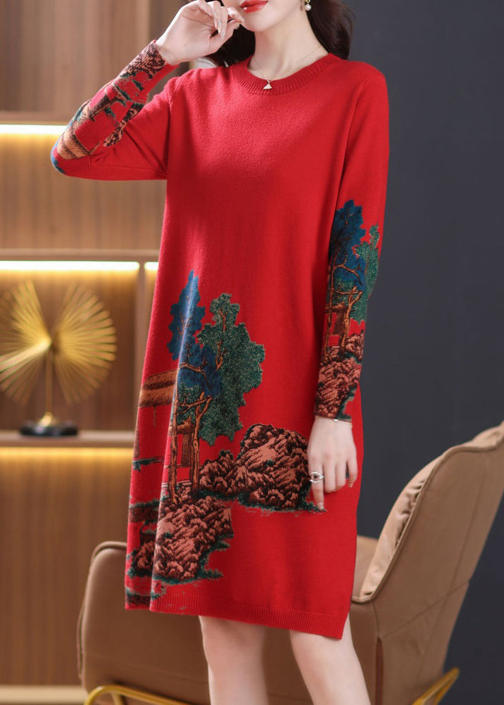 Classy Red O Neck Print Cozy Wool Knit Dress Spring