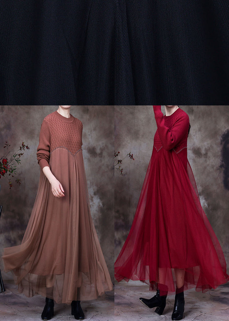 Classy Khaki O-Neck asymmetrical design Fall Knit Dress