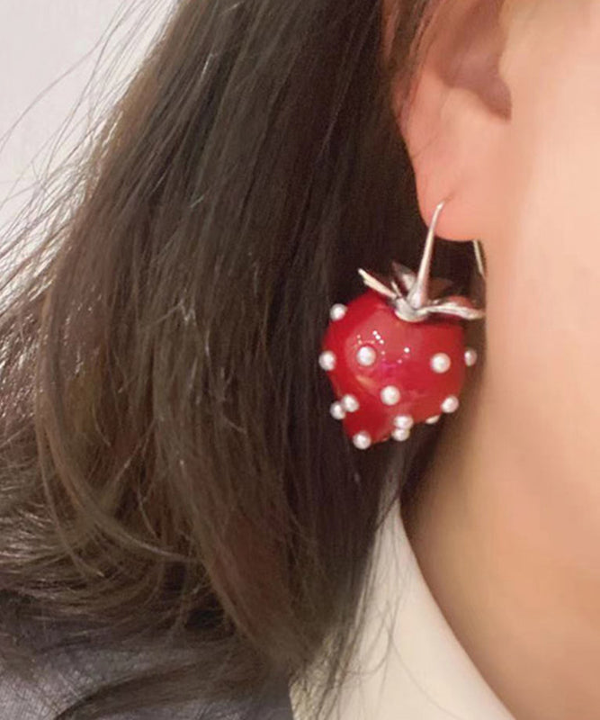 Classy Red Overgild Acrylic Pearl Strawberry Drop Earrings
