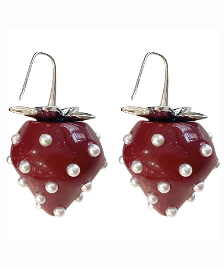 Classy Red Overgild Acrylic Pearl Strawberry Drop Earrings