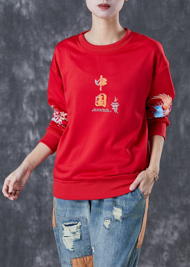 Classy Red Oversized Chinese Print Cotton Sweatshirt Fall