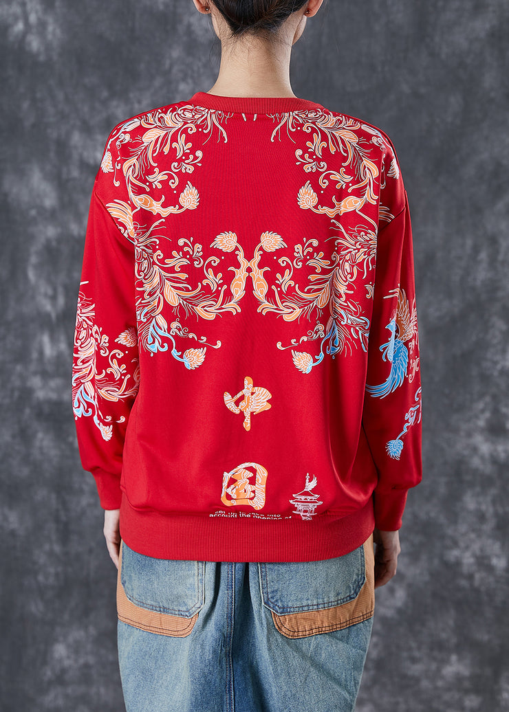 Classy Red Oversized Chinese Print Cotton Sweatshirt Fall