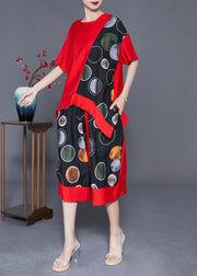 Classy Red Oversized Patchwork Cotton Two Piece Set Women Clothing Summer
