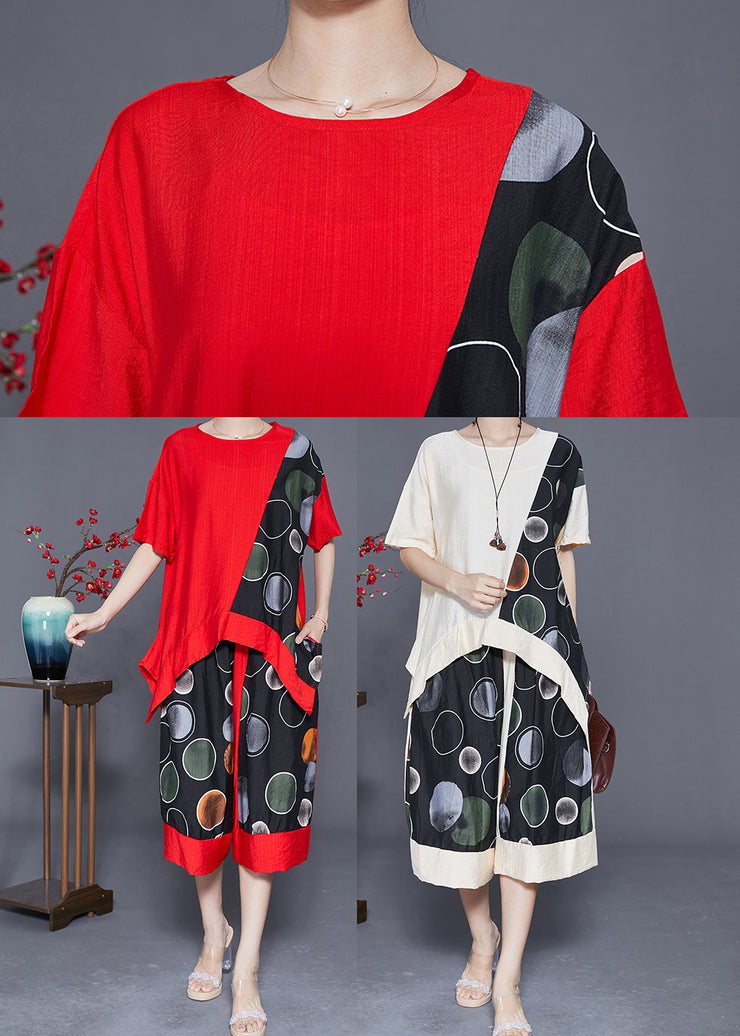 Classy Red Oversized Patchwork Cotton Two Piece Set Women Clothing Summer