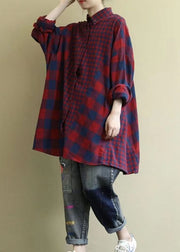 Classy Red Oversized Patchwork Plaid Cotton Shirt Dress Fall
