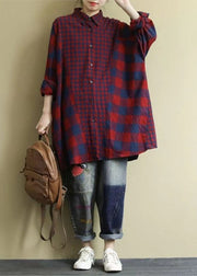 Classy Red Oversized Patchwork Plaid Cotton Shirt Dress Fall