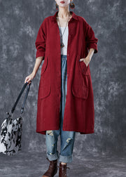 Classy Red Oversized Pockets Cotton Trench Coats Fall
