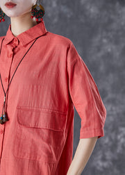 Classy Red Oversized Pockets Linen Shirt Half Sleeve