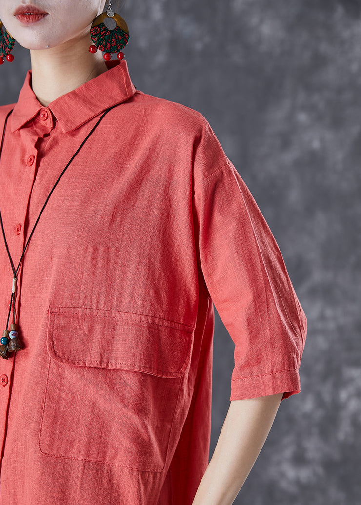 Classy Red Oversized Pockets Linen Shirt Half Sleeve