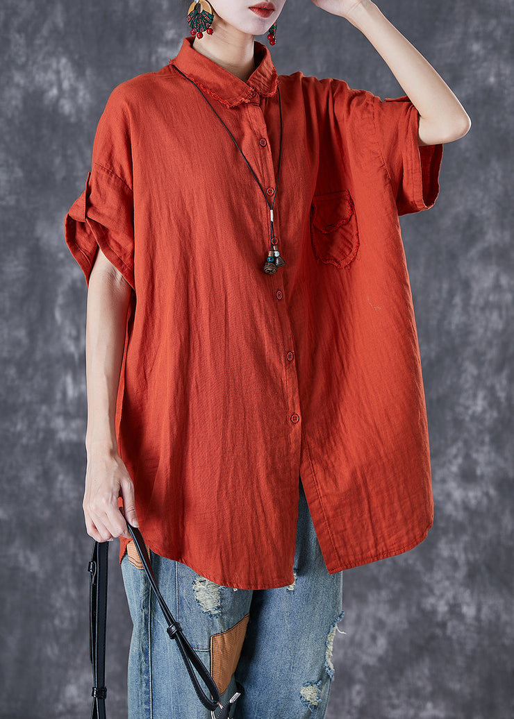 Classy Red Peter Pan Collar Oversized Cotton Shirt Summer