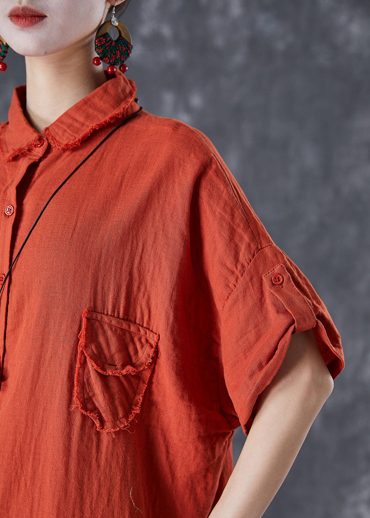 Classy Red Peter Pan Collar Oversized Cotton Shirt Summer