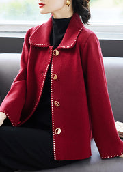 Classy Red Peter Pan Collar Pockets Patchwork Woolen Coat Fall