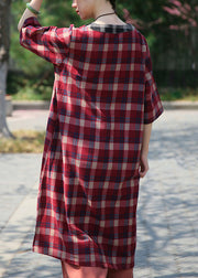 Classy Red Plaid V Neck Patchwork Cotton Dress Half Sleeve