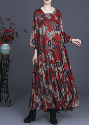 Classy Red Print Silk Cinched Summer Dress - SooLinen