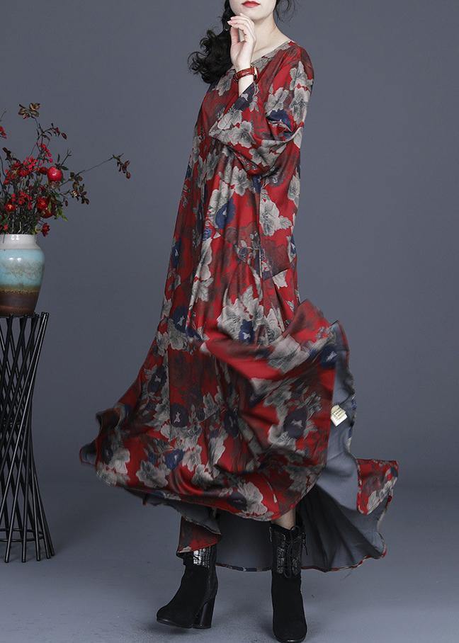 Classy Red Print Silk Cinched Summer Dress - SooLinen