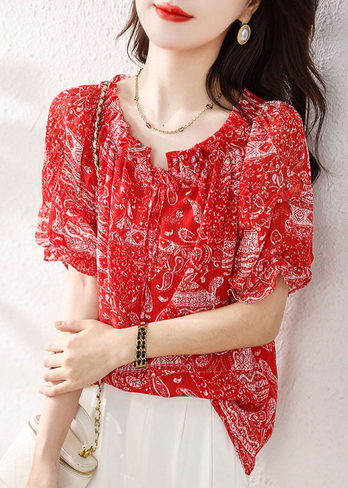 Classy Red Ruffled Print Patchwork Chiffon Shirts Top Summer