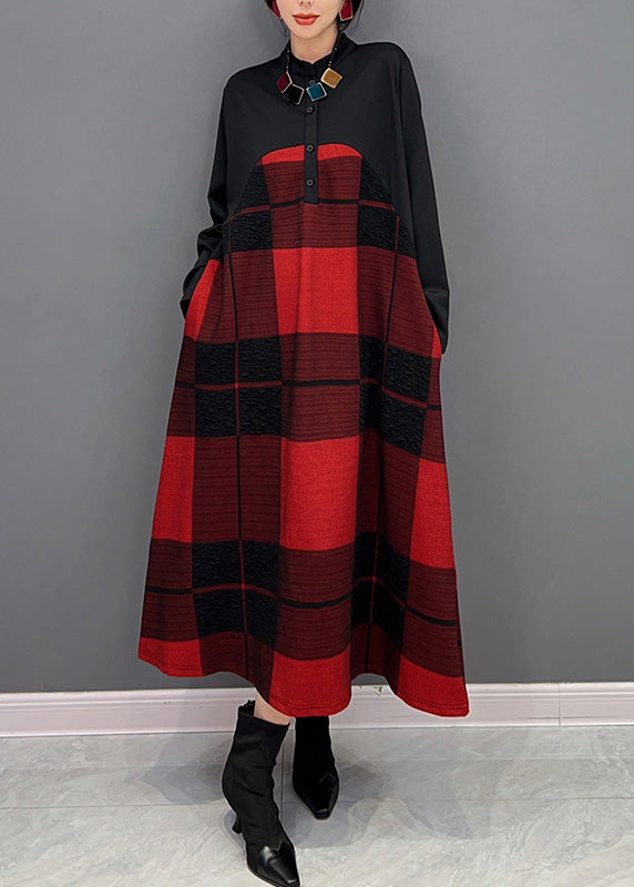 Classy Red Stand Collar Plaid Button Vacation Maxi Dresses Long Sleeve