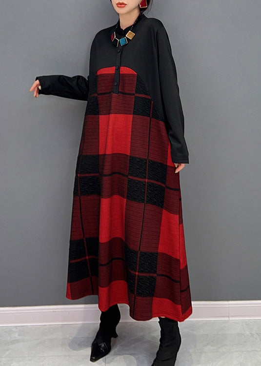 Classy Red Stand Collar Plaid Button Vacation Maxi Dresses Long Sleeve