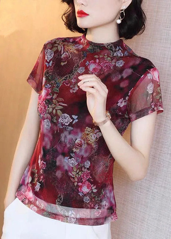 Classy Red Stand Collar Print Tulle Tops Short Sleeve