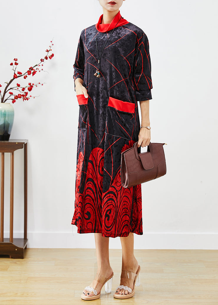 Classy Red Turtle Neck Print Silk Velour Long Dress Half Sleeve