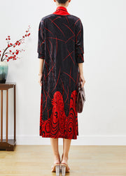 Classy Red Turtle Neck Print Silk Velour Long Dress Half Sleeve