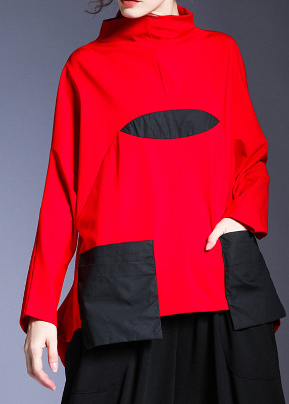 Classy Red Turtleneck Patchwork Pockets Top Long Sleeve