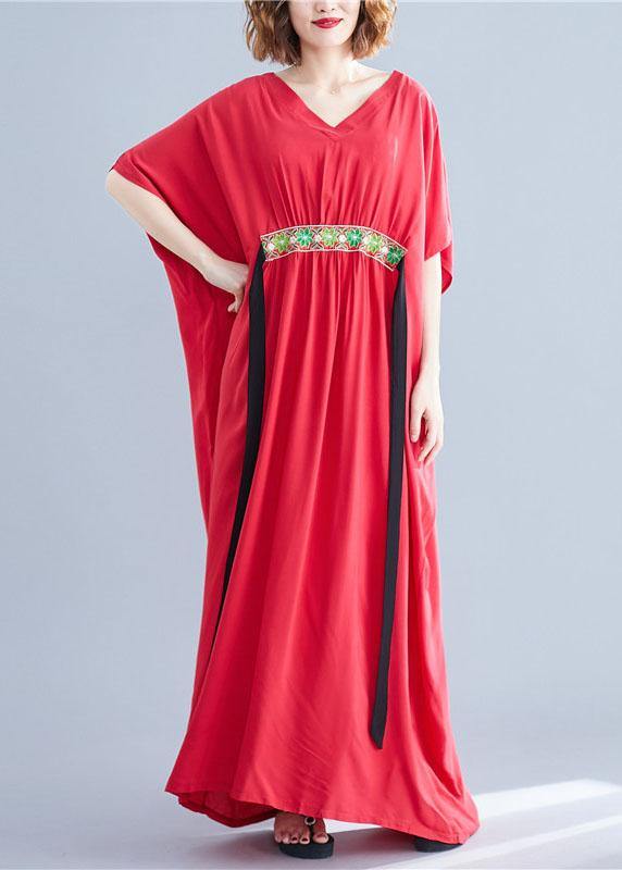Classy Red V Neck Bow Summer Long Dresses Half Sleeve - SooLinen