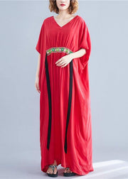 Classy Red V Neck Bow Summer Long Dresses Half Sleeve - SooLinen