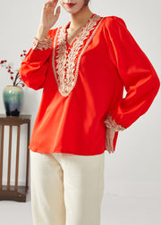 Classy Red V Neck Patchwork Draping Chiffon Tops Spring