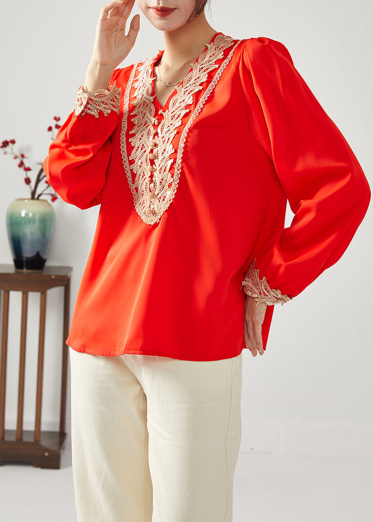 Classy Red V Neck Patchwork Draping Chiffon Tops Spring