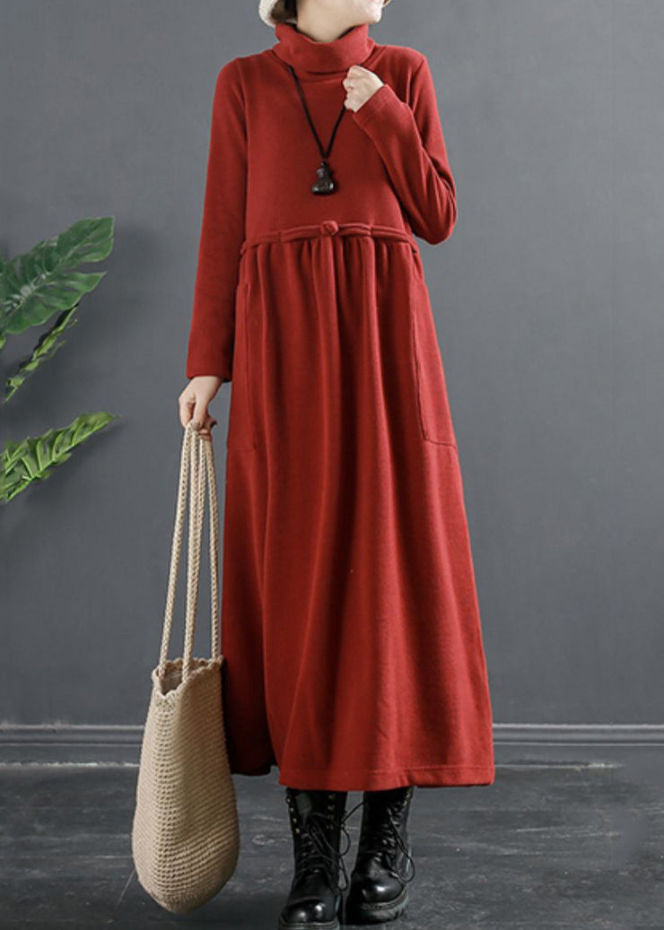 Classy Red Wrinkled Patchwork Thick Cotton Knit Long Dress Winter