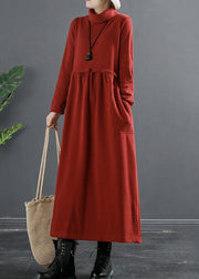 Classy Red Wrinkled Patchwork Thick Cotton Knit Long Dress Winter