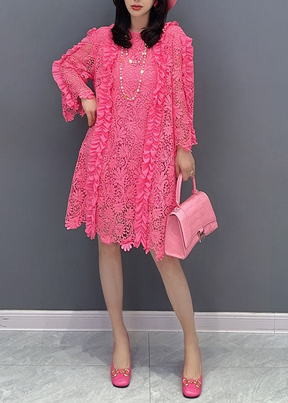 Classy Rose Ruffled Hollow Out Patchwork Lace Mid Dress Summer